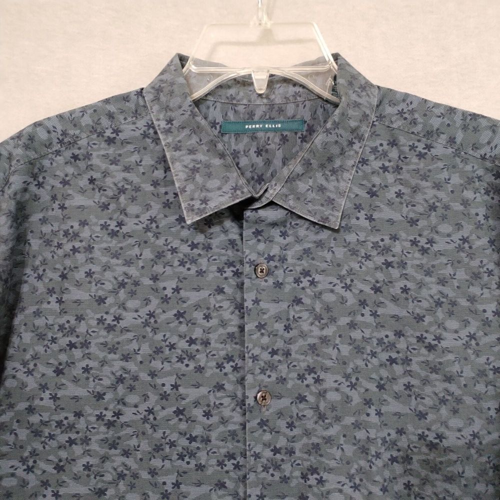 Perry Ellis Men's‎ 2XL Shirt Blue Gray Floral Long-Sleeve Button-Down Office